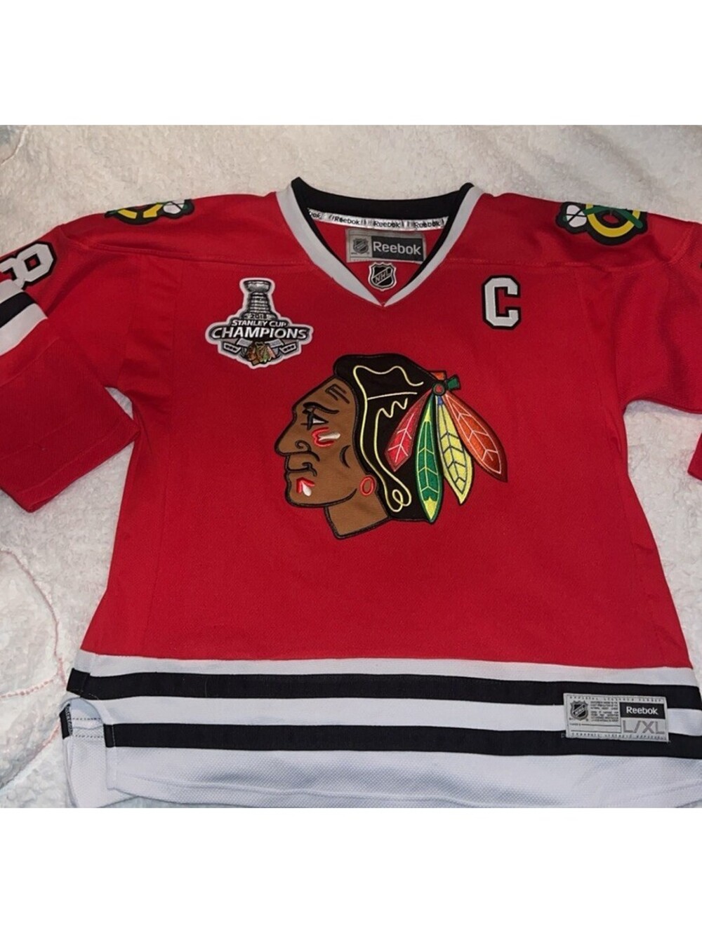 PATRICK KANE CHICAGO BLACKHAWKS 2015 STANLEY CUP EDGE RBK JERSEY YOUTH L/XL